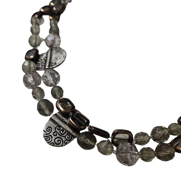Smoky Bronze Clear Glass Double Strand Beaded Choker Necklace Silver Charms - Picture 5 of 7